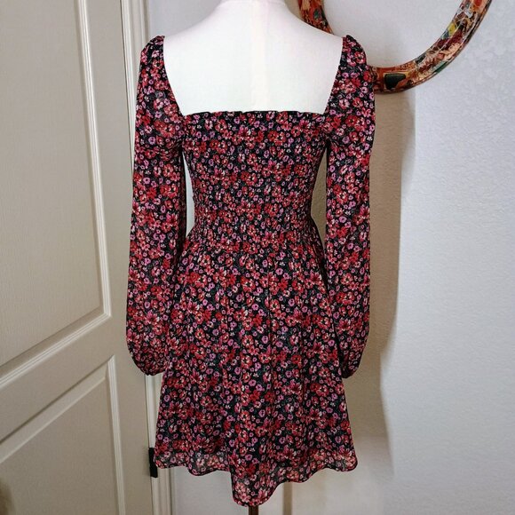 FRANCESCA'S Mi Ami Shimmer Long Sleeve Smocked Dress Black Pink Red sz Small - Picture 4 of 11